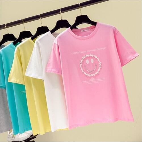 Summer Tops Loose Short Sleeve Korean Style Printed Beading Tshirt Woman T Shirt Women Cotton 2021 Fashion Tee Shirt Femme