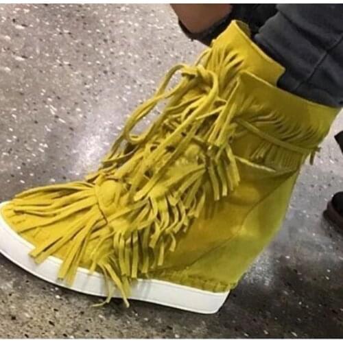 Ins Fashion Suede Leather Tassel Lace up Causal Shoes Ladies Inner Height Increased Women High Top Fringed Tongue Wedge Sneaker