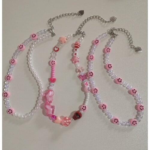 Bohemia Smiley Pearl Beaded Choker Necklace For Women Cute and Sweet Acrylic Heart Beads Chain Necklaces Beach Jewelry