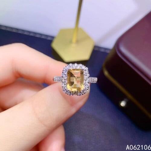 925 Pure Silver Chinese Style Natural Citrine Womens Luxury Fashion Rectangle Adjustable Gem Ring Fine Jewelry Support Detectio