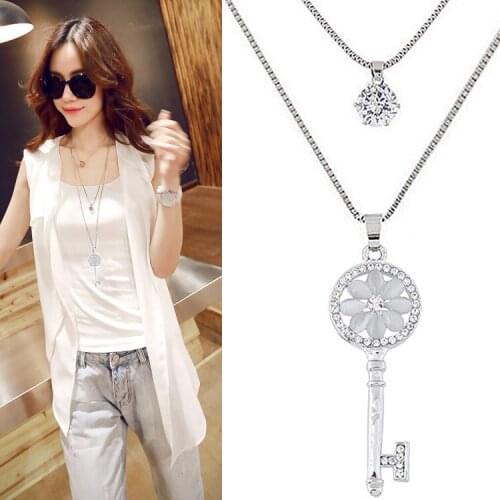 Fashion Sweet Crystal Smiley Face Petal Key Necklaces & Pendants For Women Double Layer Long Necklace Sweater Chain Jewelry