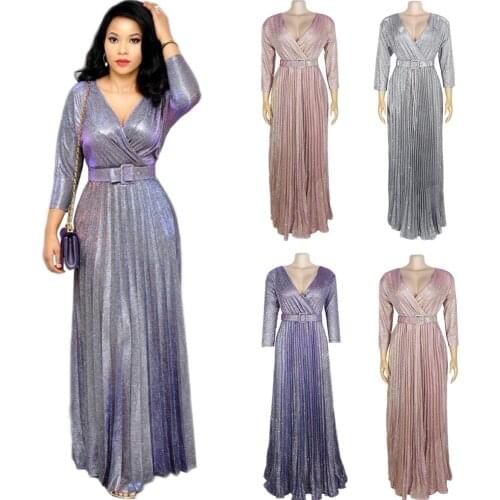 Women Party Evening Floor Length Dress Elegant Slim Glitter African Kanga Clothing V-neck Long Sleeve Dress Africa Pleated Robe