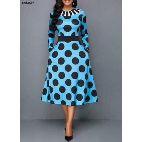 2020 Spring Autumn Vintage Polka Dot Dress Women Long Sleeve Casual Printed Tunic Pocket High Waist Plus Size 5xl Maxi Dress