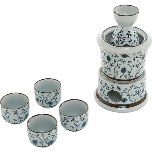7-Piece Blue Floral Design White Ceramic Japanese Hot Sake Set with Warmer, 4 Cups, Carafe & Heating Pot