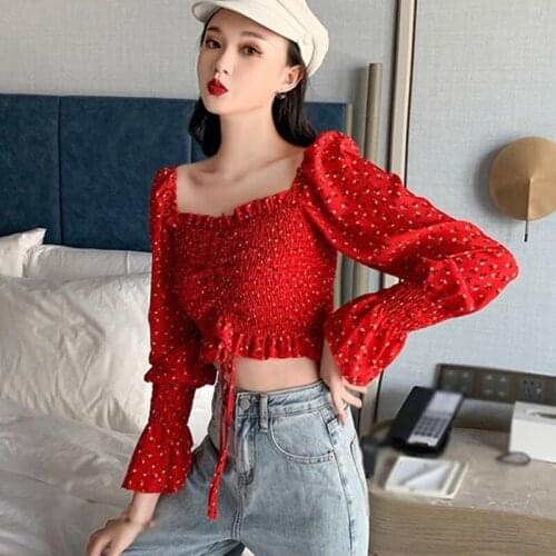 IMCUTE Womens Shirt Long Sleeve Square Neck Blouse Floral Top Chiffon Blouse Cropped Top Lady Clothing Flared Sleeves Spring