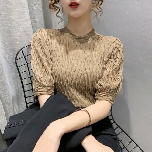 Brand New Cotton Womens T-Shirts Short Sleeves Solid Color Women Pleated T shirt for Female Tops Woman Half high collar