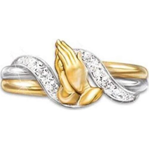 Zircon Exquisite Prayer Hand Rings Double Praying Hands Cut White Zircon Gold Ring Pray for Women Christmas Gift Anillos Mujer