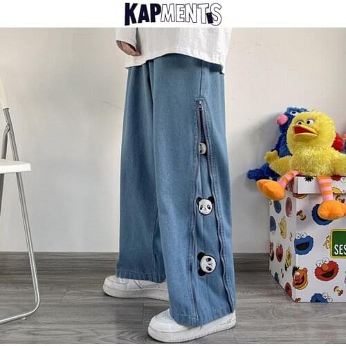 KAPMENTS Men Embroidered Wide Legs Baggy Jeans 2021 Spring Mens Korean Streetwear Zipper Cargo Pants Male Vintage Denim Joggers