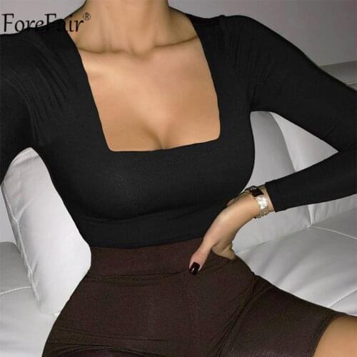 Forefair 2021 Women Sexy Long Sleeve Bodysuit Black Square Neck Casual Body Top Basic White Autumn Winter Party Khaki Bodysuits