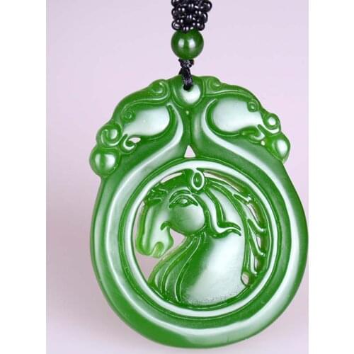 CHINESE GREEN JADE HOLLOW-OUT HORSE PENDANT NECKLACE CHARM JEWELLERY FASHION ACCESSORIES HAND-CARVED MAN WOMAN LUCK AMULET