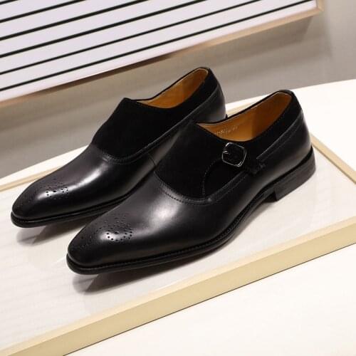 Classic Gentleman Monk Strap Dress Shoes Genuine Leather With Suede Luxury Pointed Toe Buckle Mens Suit Shoes Casual Business