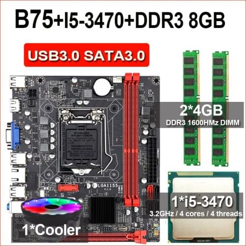 JINGSHA LGA1155 B75 motherboard set with Intel Core I5 3470 2pcsx4GB=8GB 1600MHz DDR3 Desktop Memory USB3.0 SATA3.0 with cooler