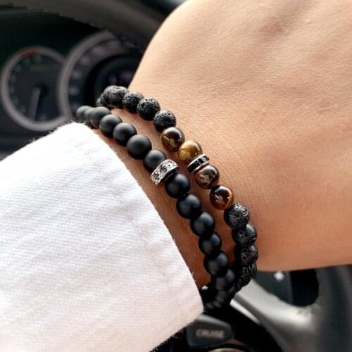 Fashion Mens Bracelets 2020 Simple Geometric Lava Stone Bracelet Pave Cubic Zirconia Handmade Matte Charm Jewelry Gift