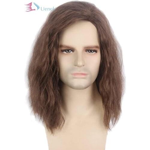 Uenel Mens Brown Wig Wavy Mid Length Synthetic Hair for Male Cosplay Winter Soldier Costume Brown