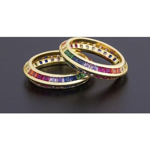 Top Quality Copper Zircon Rings Fashion Gold Color Party Jewelry 4 Sizes Choice For Women Couples Colorful Wedding Rings Gift