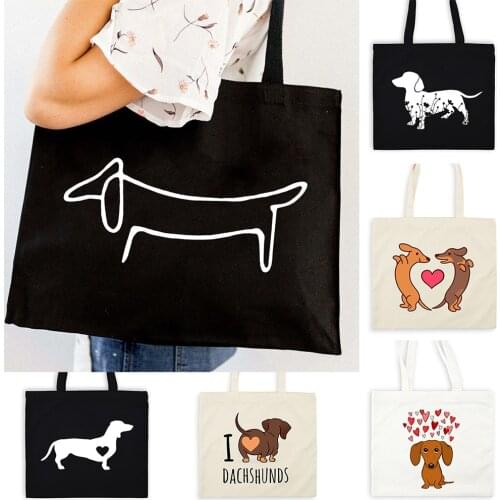 Dachshund Print Canvas Zipper Shopping Shoulder Tote Bags Aesthetic Dog Mom Reusable Casual Cloth Handbag Storage Bag Shopper