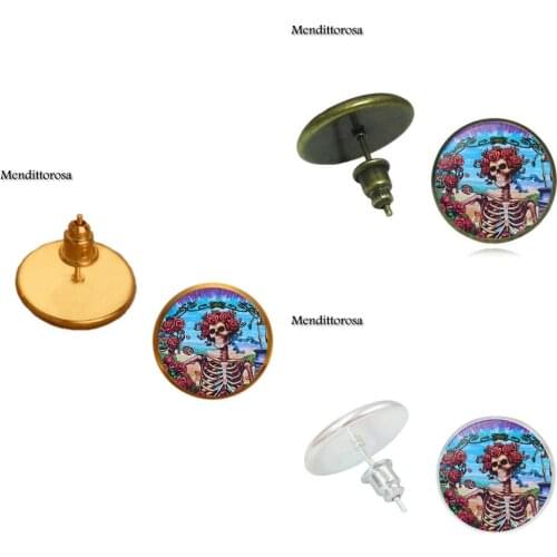 Mendittorosa Skeleton Glass Cabochon Bronze/Silver/Golden Clip Ear Hook Stud Earrings For Women Wholesale Time Stone Jewelry