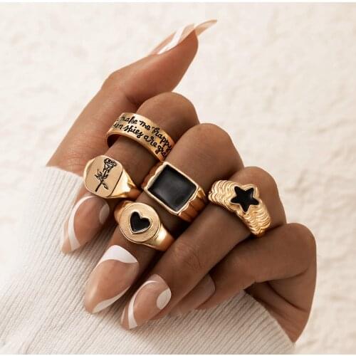 Tocona 5pcs/sets New Fashion Heart Cute Ring Sets for Women Pretty Flowers Black Geomerty Alloy Metal Jewelry Anillo 20025