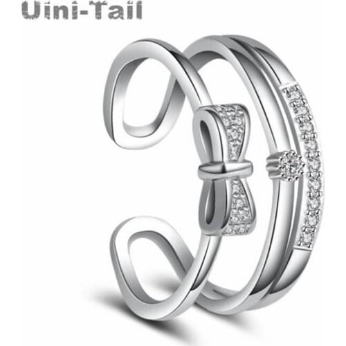 Uini-Tail hot new 925 sterling silver Korean fashion tail ring three-layer bow sweet micro-inlaid opening ring tide flow gift