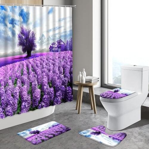 Rural Spring Flower Shower Curtain Purple Lavender Home Decor Sunflower Floral Curtains Bathroom Rug Set Toilet Bath Mat Carpet