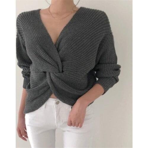 New 2021 Autumn Women Sexy V-Neck Criss-Cross Loose Pullover Korean Long Sleeve Solid Knitwear Tops Asymmetrical Knitted Sweater