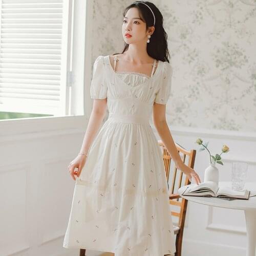 French First Love Dress Sweet Elegant Fairy Dress Women Summer Fashion Chic Lace Square Collar Flower Embroidered Gentle Vestido