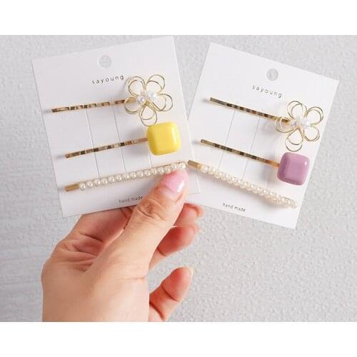 100set/lot 3pcs/set DIY Simple Multi Pierced Flowers Hair Clips Suits Pearl Hairpin Hair Styling Tools Accessories HA1391