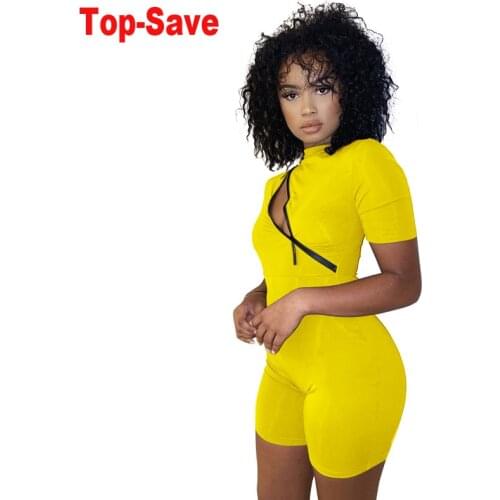 2021 Summer Ribbed Sexy Rompers Womens Jumpsuit Short Sleeve Skinny Women Shorts Zipper Solid Bandage Tight Fitness Playsuit 2XL