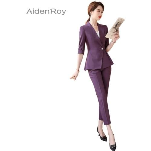 2021SS Elegant Pants Suit Women Business Purple Gray Black Half Sleeve Blazer + Trousers Office Ladies Plus Size S-4XL Work Wear