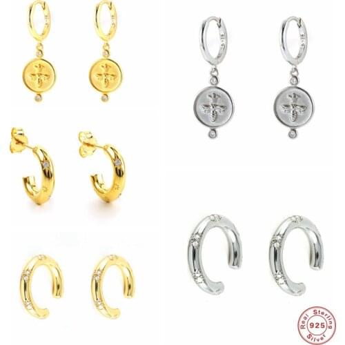 Aide 925 Sterling Silver Bee Pattern Round Charm Hoop Earrings For Women Half Circle Zircon Clip Cartilage Hoop Piercing Jewelry