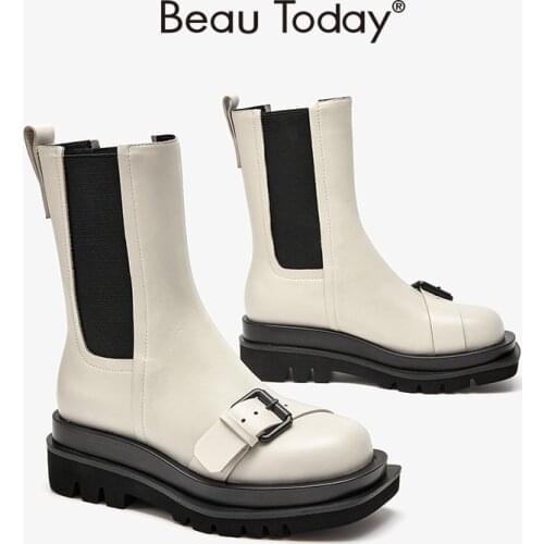 BeauToday Ankle Boots Platform Women Cow Leather Chelsea Round Toe Buckle Strap Decor Slip On Street Style Ladies Shoes 03527