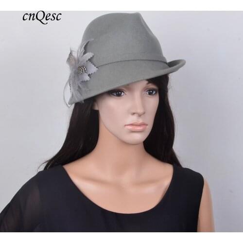 Elegant DARK GREY 100% Wool felt hats womens hat panama with feathers for winter