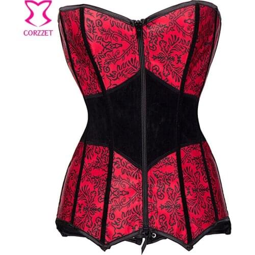Red & Black Floral Print Zipper Victorian Corsets And Bustiers Sexy Women Corset Gothic Clothing Corselete Feminino Espartilhos