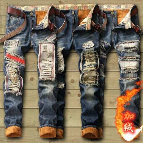 Hot Winter Mens Plus Fleece Denim Trousers Thick Warm Ripped Jeans Pants Lined Slim Fit Fashion Men Long Trousers
