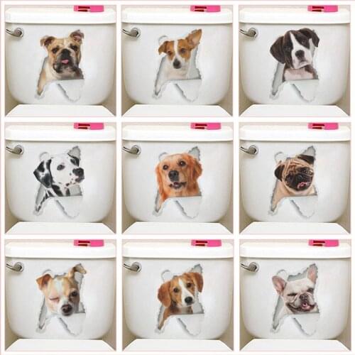 Lovely Dog kitten Broke Hole Toilet Stickers For Washroom Decoration Diy 3d Ainimal Mural Art Cartoon Puppy Pvc Wall Decals