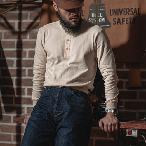 Bronson Long Sleeve Henley Neck Worker T-Shirt 100% Pure Cotton Double Yarn Mens Vintage Off White Plain T-Shirts