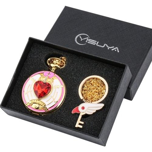 Pocket Watch Set for Girls Fashionable Card-captor Sakura Theme Pattern Key Ring Comfortable Gold Slim necklace for Women