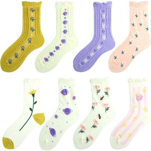 Socks Women Japanese Autumn Winter Jacquard Weave Hemming Moon Flower Universe Style Cotton Sweet Kawaii Middle Tube Lady Sock