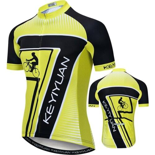KEYIYUAN 2021 New Summer Mens Yellow Cycling Jersey Short Sleeved Shirt reflective Zipper Pocket MTB Wielerkleding Maillots