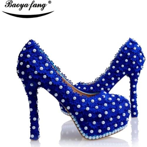 New arrival Royal Blue Flower Wedding shoes Bride Bridesmaid shoes real leather High heels Platform shoes woman big size shoe