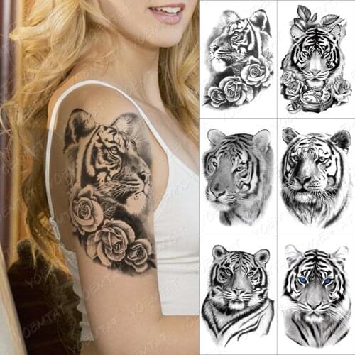 Wild Animal Tiger Temporary Tattoo Sticker For Men Women Lion Wolf Fox Waterproof Fake Henna Owl Flowers Clock Body Art Tatoo