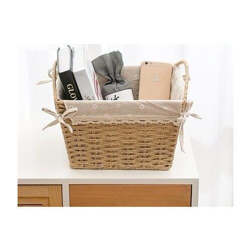 Rattan desktop storage basket fabric box straw snacks storage box weaving books magazine basket shopping basket