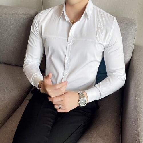 High Quality Patchwork Luxury Men dress shirts Autumn New Mens Casual Shirts Man Long Sleeved Slim Club Prom Social Shirt