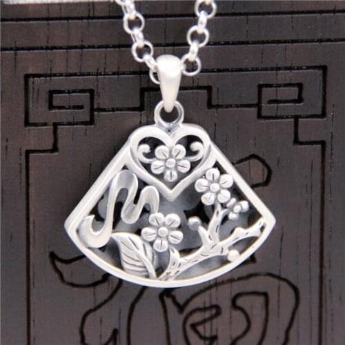 Silver S999 Sterling Silver Fan Plum Pendant Retro Thai Silver Necklace Pendant Full Of Silver Female Models