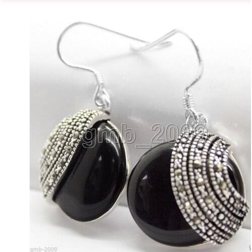 Jewelry Free Shipping handmade 925 Sterling Silver 18*18mm nature black Natural Stone Beads Marcasite Earrings