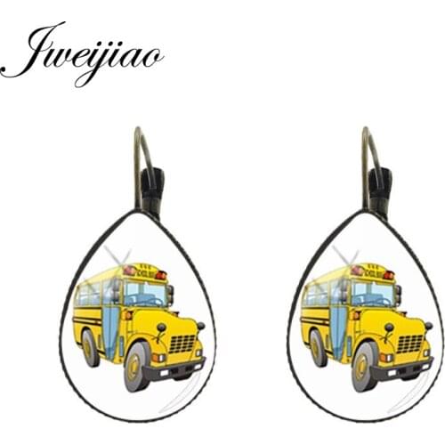 JWEIJIAO School Bus Bicycle Vehicle Pattern Earrings Teardrop Shape Glass Dome Ear Clip Jewelry Fashion Women Accessories H212