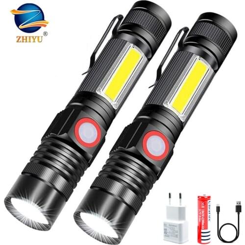 ZHIYU Magnetic Rechargeable LED Flashlight T6+COB Lamp with Clip , Side Work Light, Bright,Zoomable LED Torch for Camping,Hiking