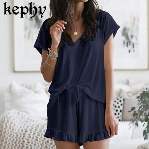 Spot 2020 Summer Womens New Leisure Tops Two-Piece V-neck Solid Color Casual Suit sweat women t shit with short pants