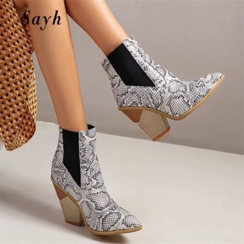 2020 Female Autumn Winter Lace PU Leather Cowboy Ankle Boots Women Wedge High Heel Booties Snake Print Botas Mujer