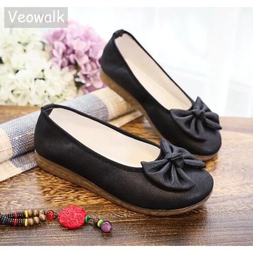 Veowalk Bow Women Solid Plain Coated Cotton Slip On Ballet Flats Elegant Ladies Casual Soft Comfortable Walking Shoes Platforms